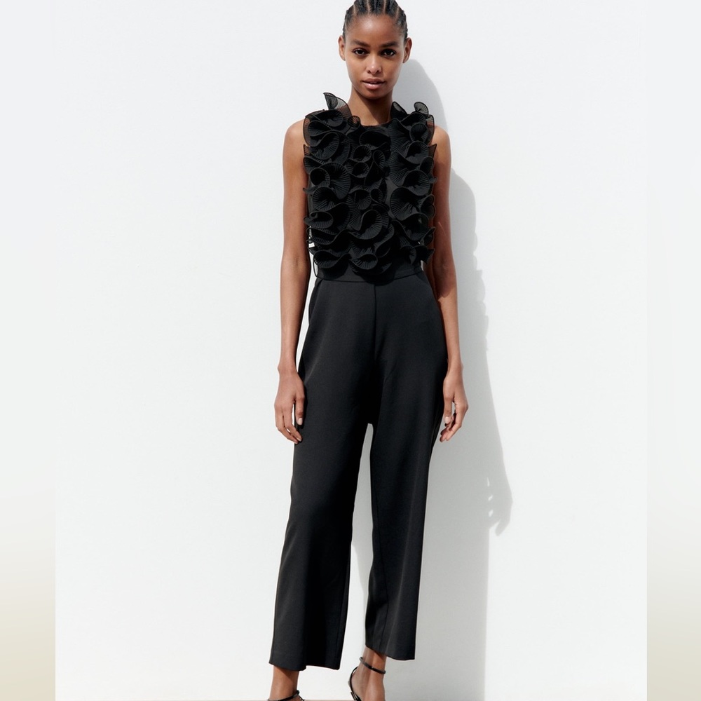 Zara jumpsuit ruffled wide streight leg tied in waist coctail party night out - Picture 2 of 11